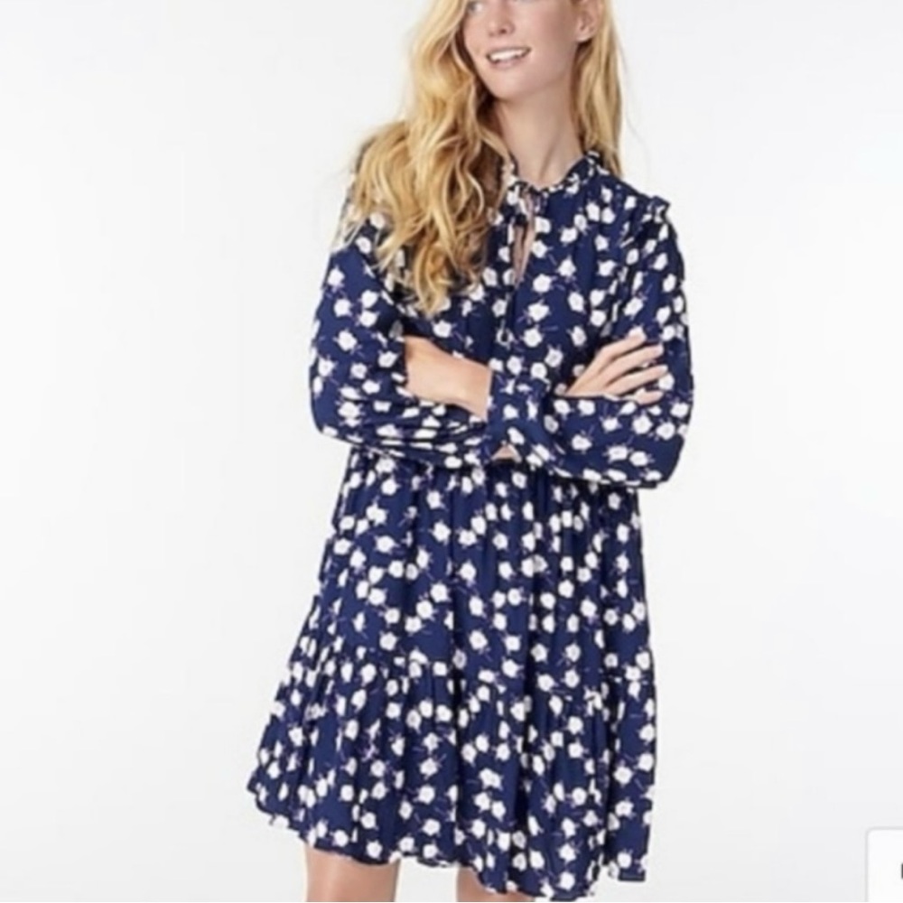J. Crew Tie Neck Tiered Dress Floral Scattered Peony Print Small NWOT - Picture 1 of 15